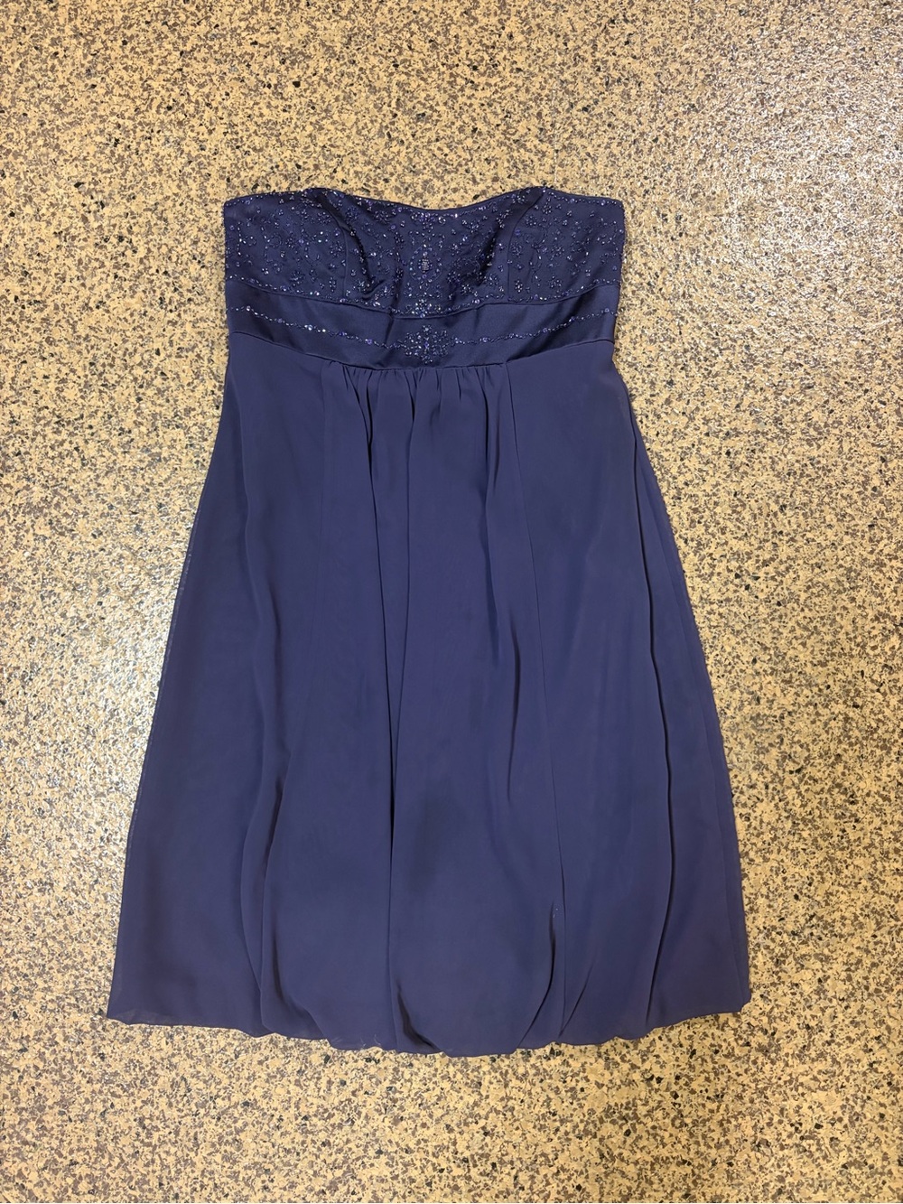 David's Bridal Strapless Beaded Navy Dress